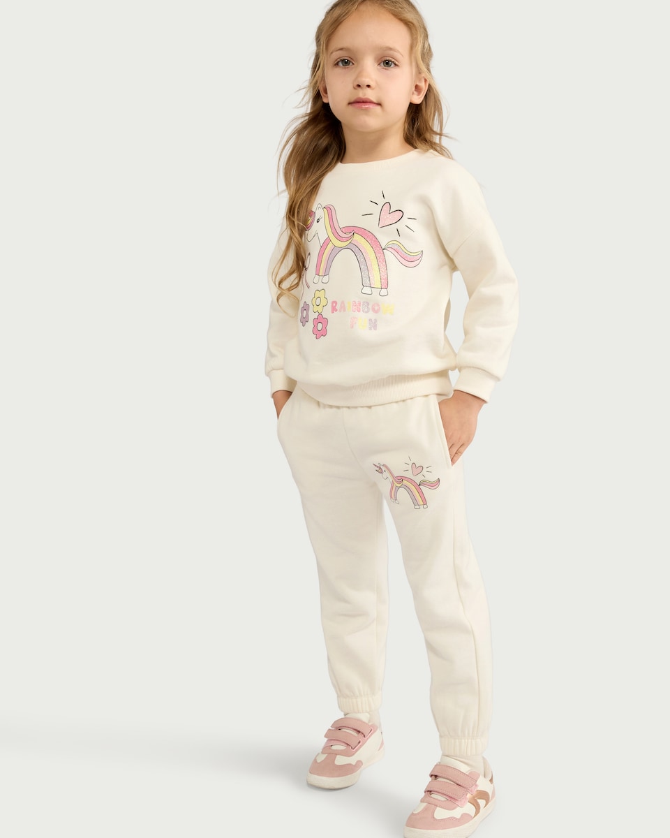 image 1 of F&F Girls Cotton Rich Unicorn Cuffed Joggers in Cream