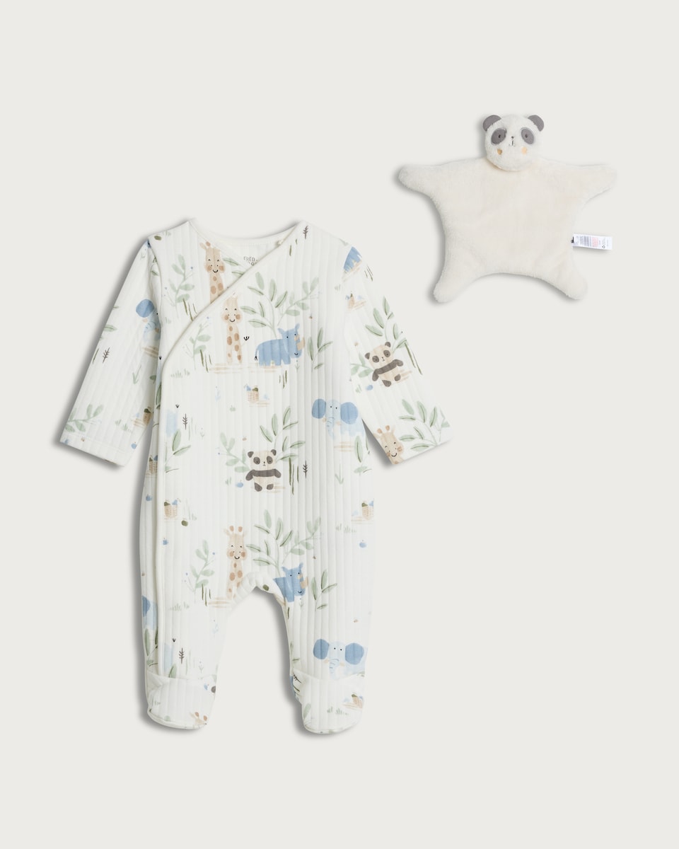 image 1 of F&F Baby Pure Cotton Quilted Animal Print Sleepsuit and Panda Comforter Set in White