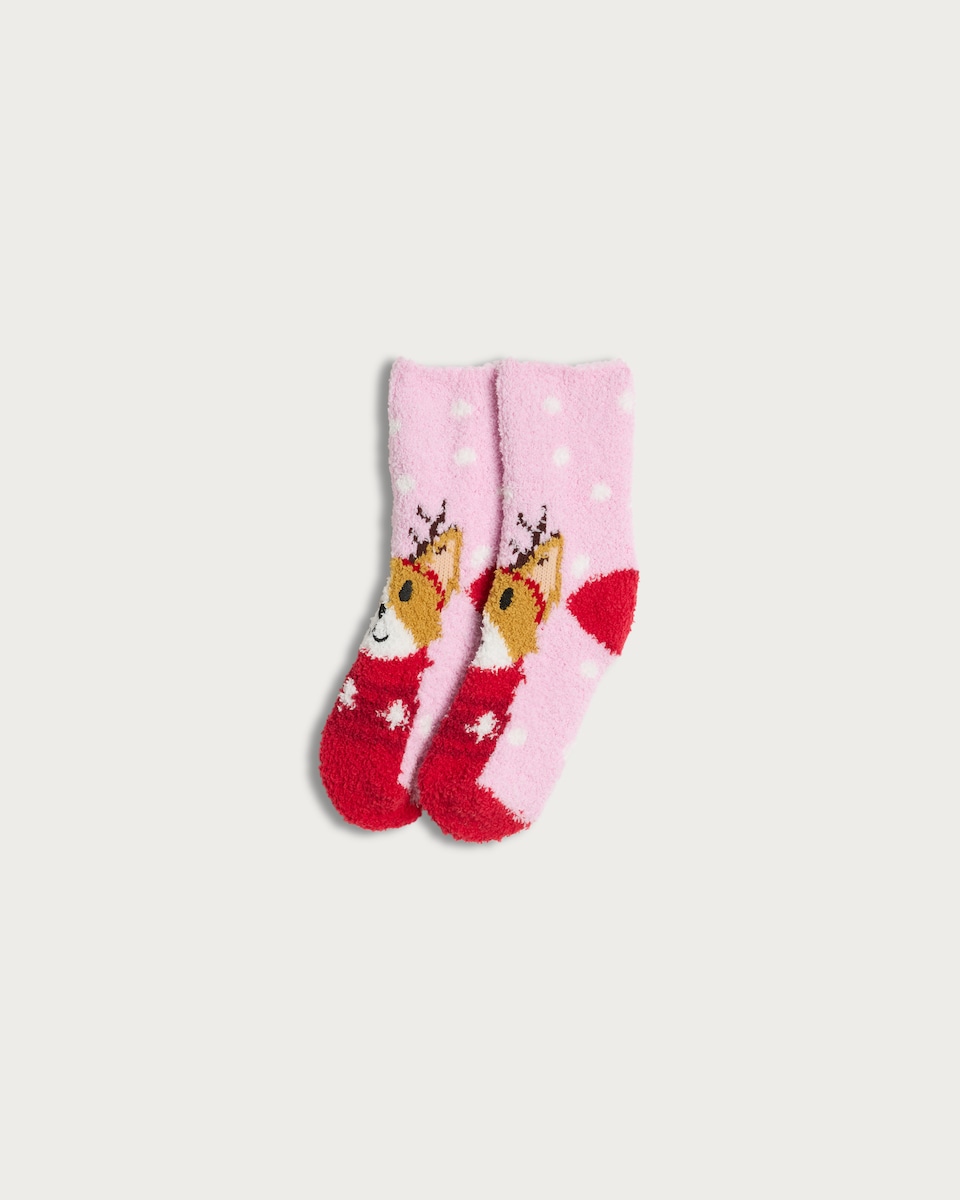 F&F Girls Fluffy Dog Reindeer Cosy Socks in Multi