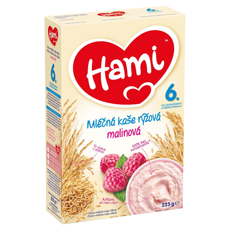 Obrázek 1 pro produkt Hami mléčná kaše rýžová malinová od uk. 6. měsíce 225g
