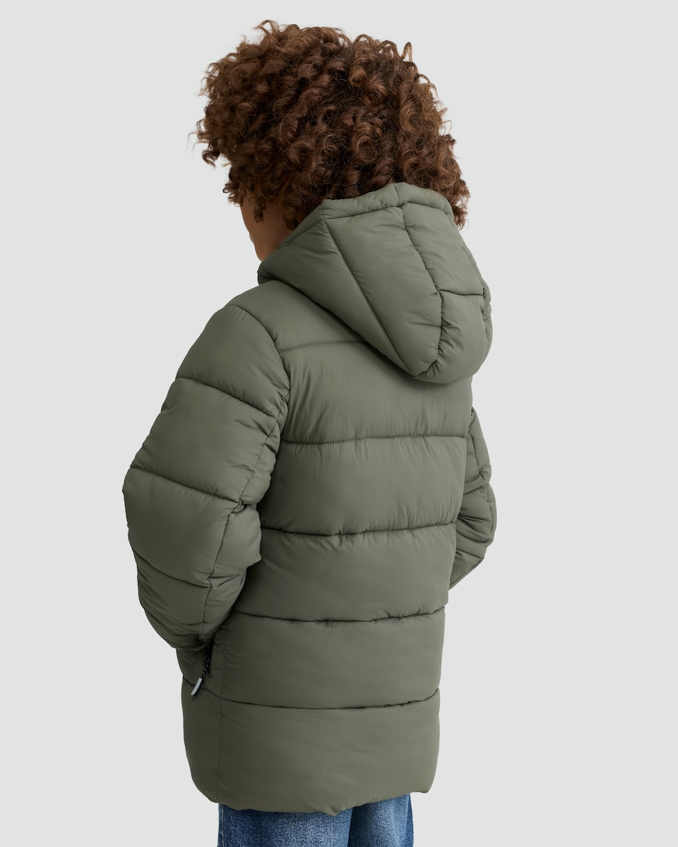 image 1 of F&F Boys Shower Resistant Hooded Puffer Jacket in Khaki