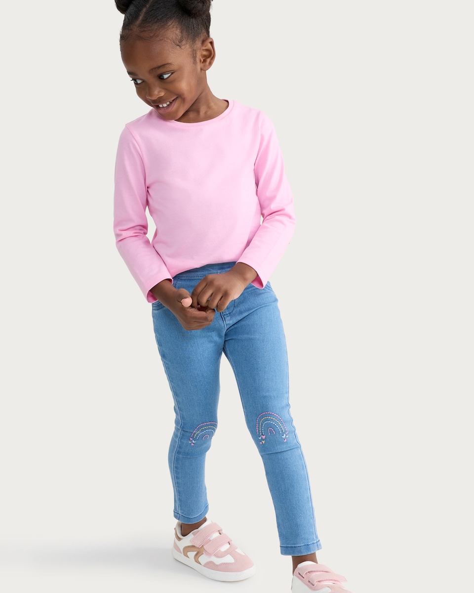 image 1 of F&F Girls Cotton Rich Rainbow Embroidered Denim Jeggings in Blue