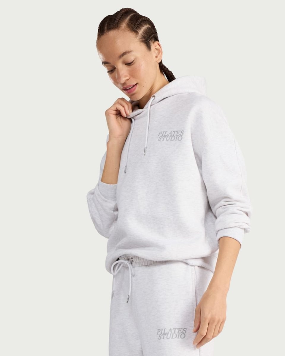 image 1 of F&F Active AFTERCLASS Cotton Rich Pilates Studio Hooded Sweatshirt in Grey Marl