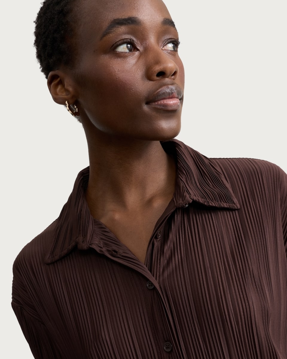 image 1 of F&F Plisse Pleated Button Up Shirt in Chocolate