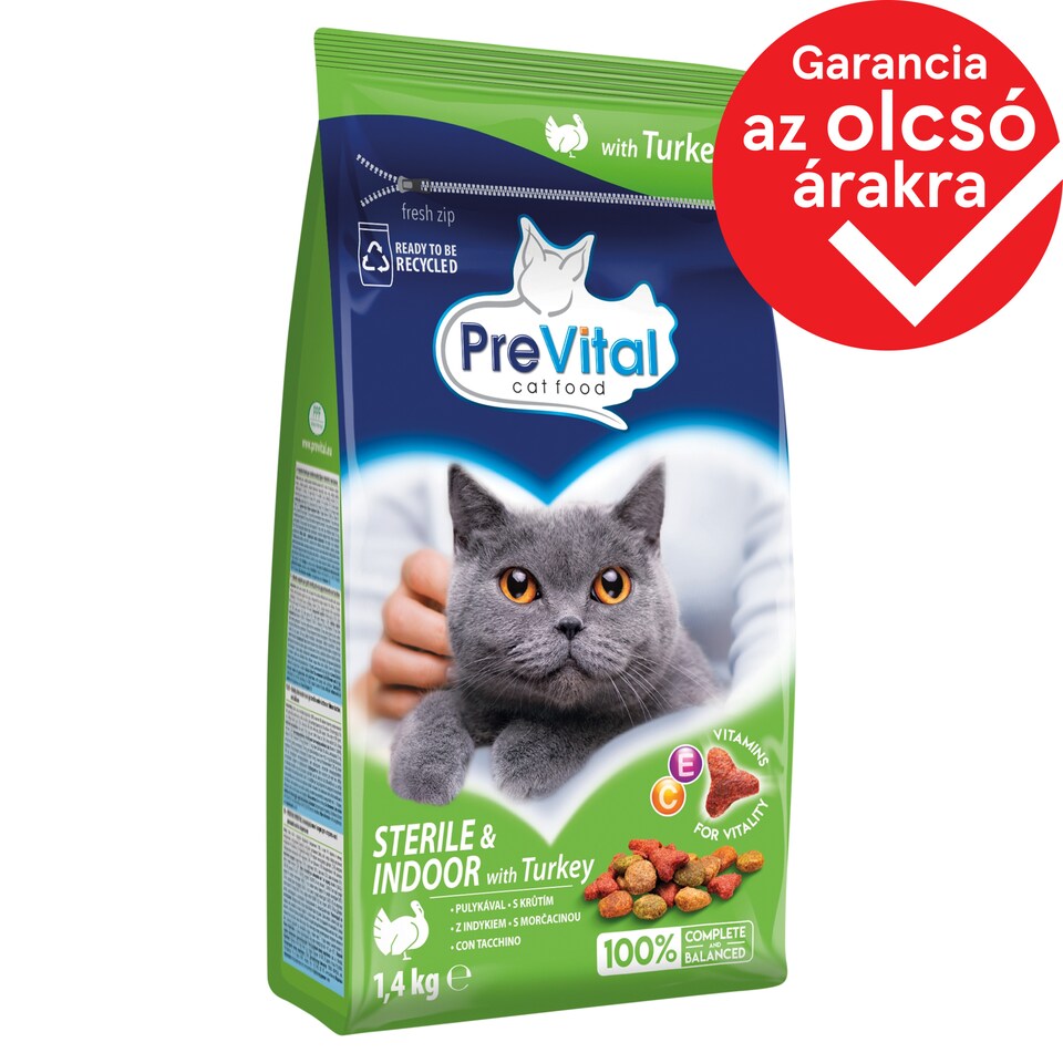 PreVital száraz macskaeledel, macskatáp steril, lakásban tartott macskáknak pulykával 1,4 kg