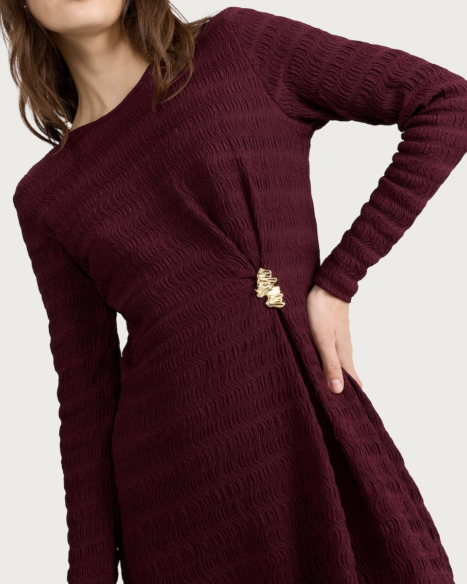 image 1 of F&F Textured Metal Buckle Long Sleeved Dress in Burgundy