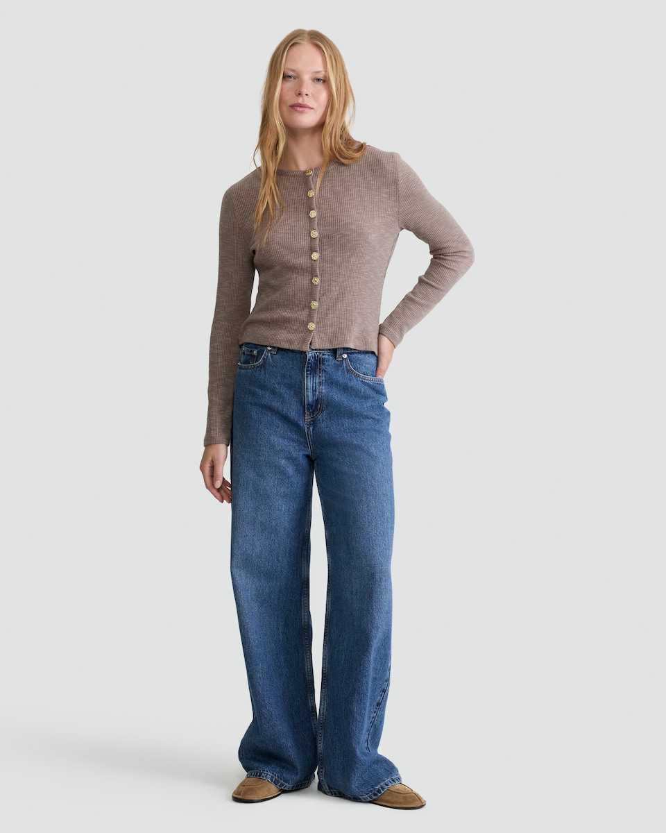 image 1 of F&F Cotton Blend Ribbed Button Up Cardigan in Neutral