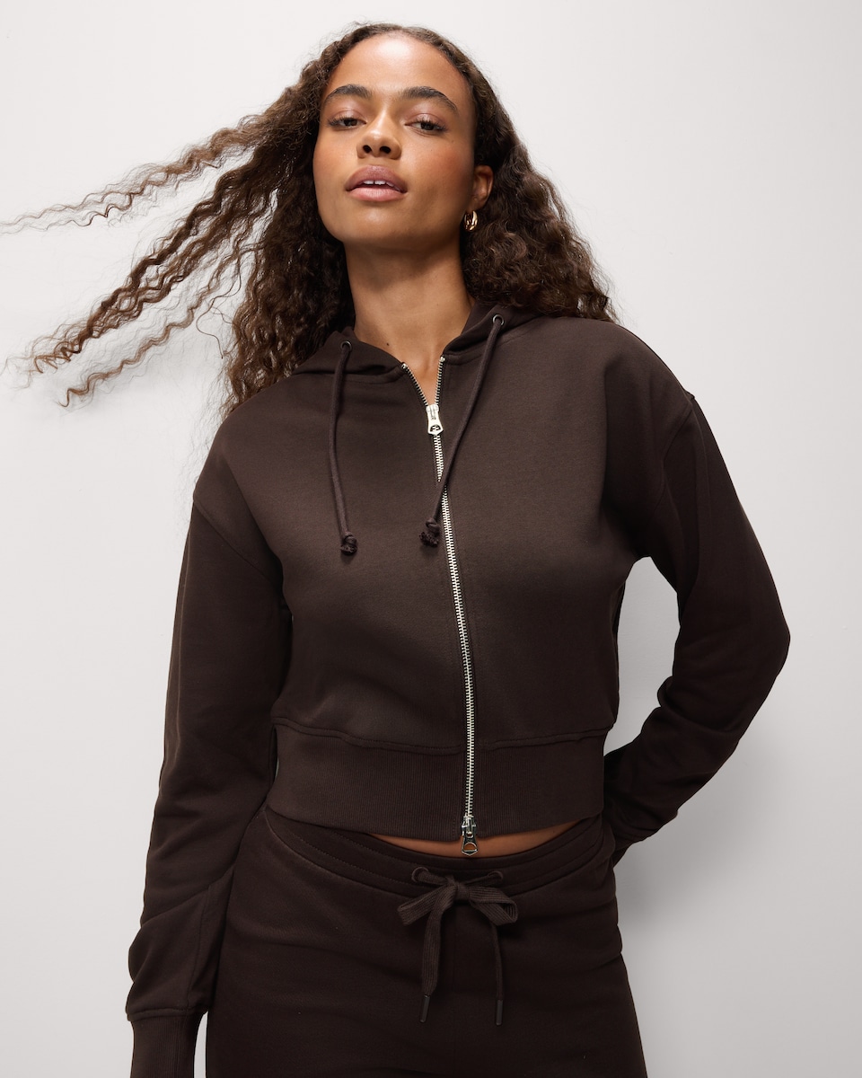 image 1 of OH ME OH MY Cotton Rich Cropped Zip Through Hoodie in Chocolate