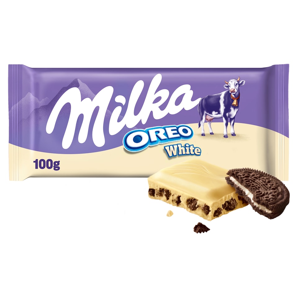 Milka Oreo White biela čokoláda z alpského mlieka s kakaovými sušienkami a vanilkovou náplňou 100 g