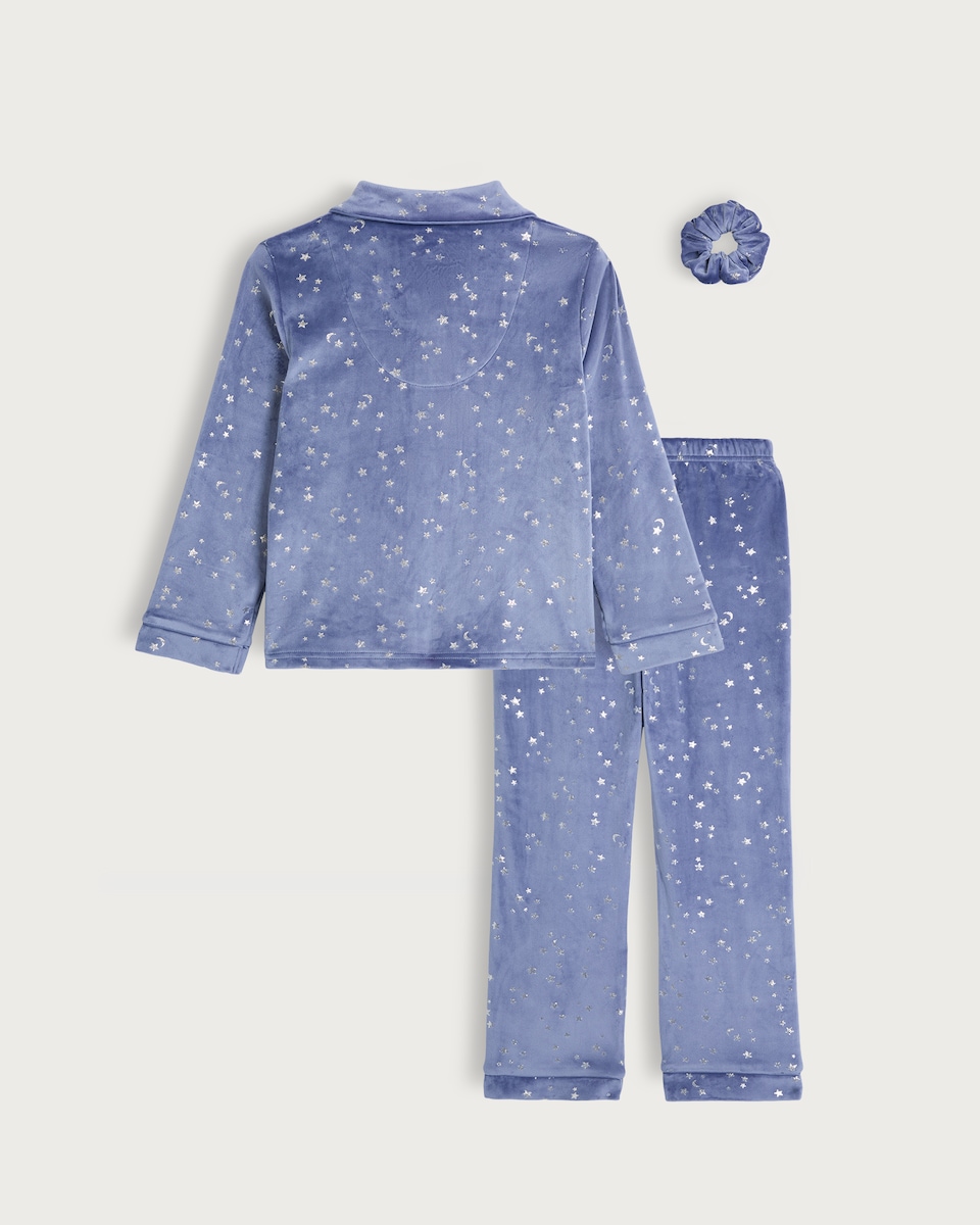 image 1 of F&F Girls Minky Textured Star Print Scrunchie Pyjama Set in Navy