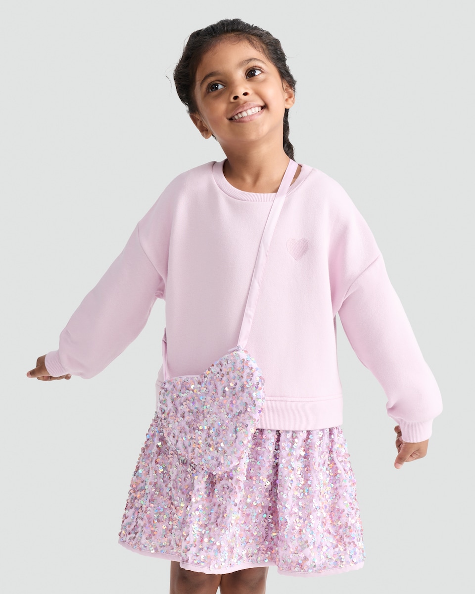 image 1 of F&F Girls 2-Piece Cotton Rich Sequin Twofer Dress and Heart Bag Set in Lilac