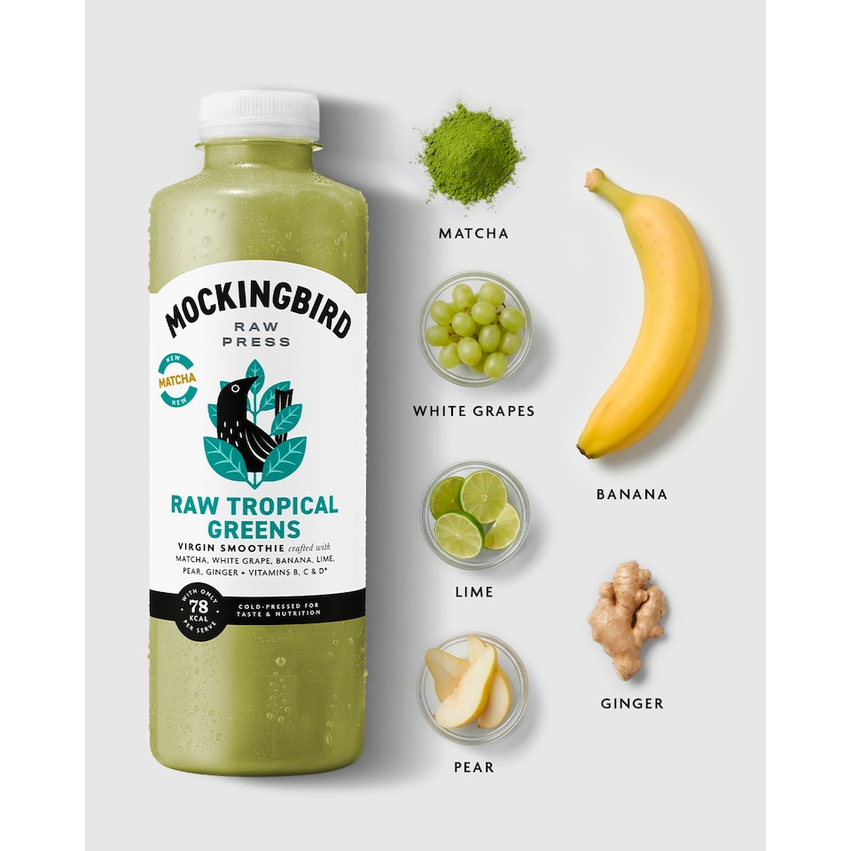 image 1 of Mockingbird Raw Tropical Greens, Cucumber, White Grape, Pear, Ginger with Vitamins 750ml