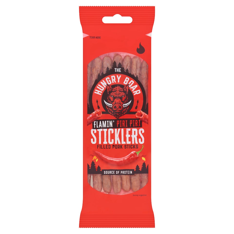 The Hungry Boar Flamin' Piri Piri Sticklers Filled Pork Sticks Clipstrip 50g