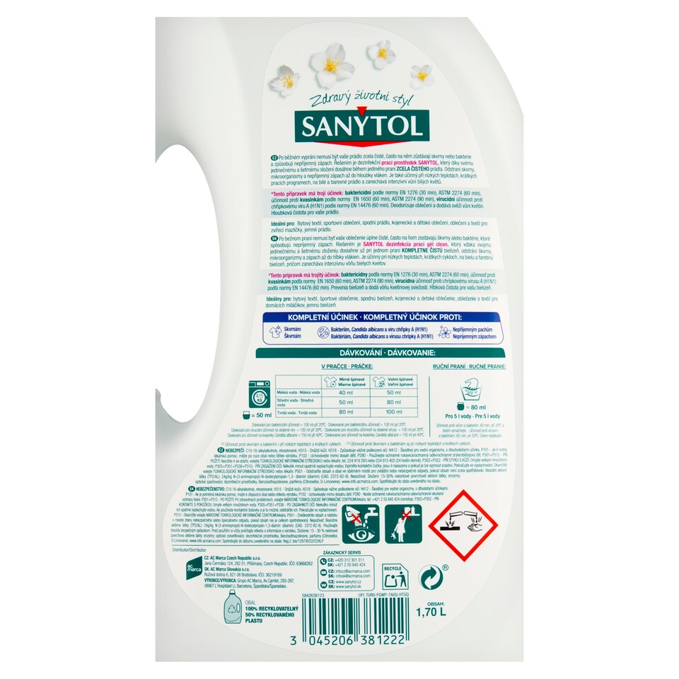 image 1 of Sanytol Laundry Disinfection Gel with Scent of White Flowers 34 Washes 1.70L