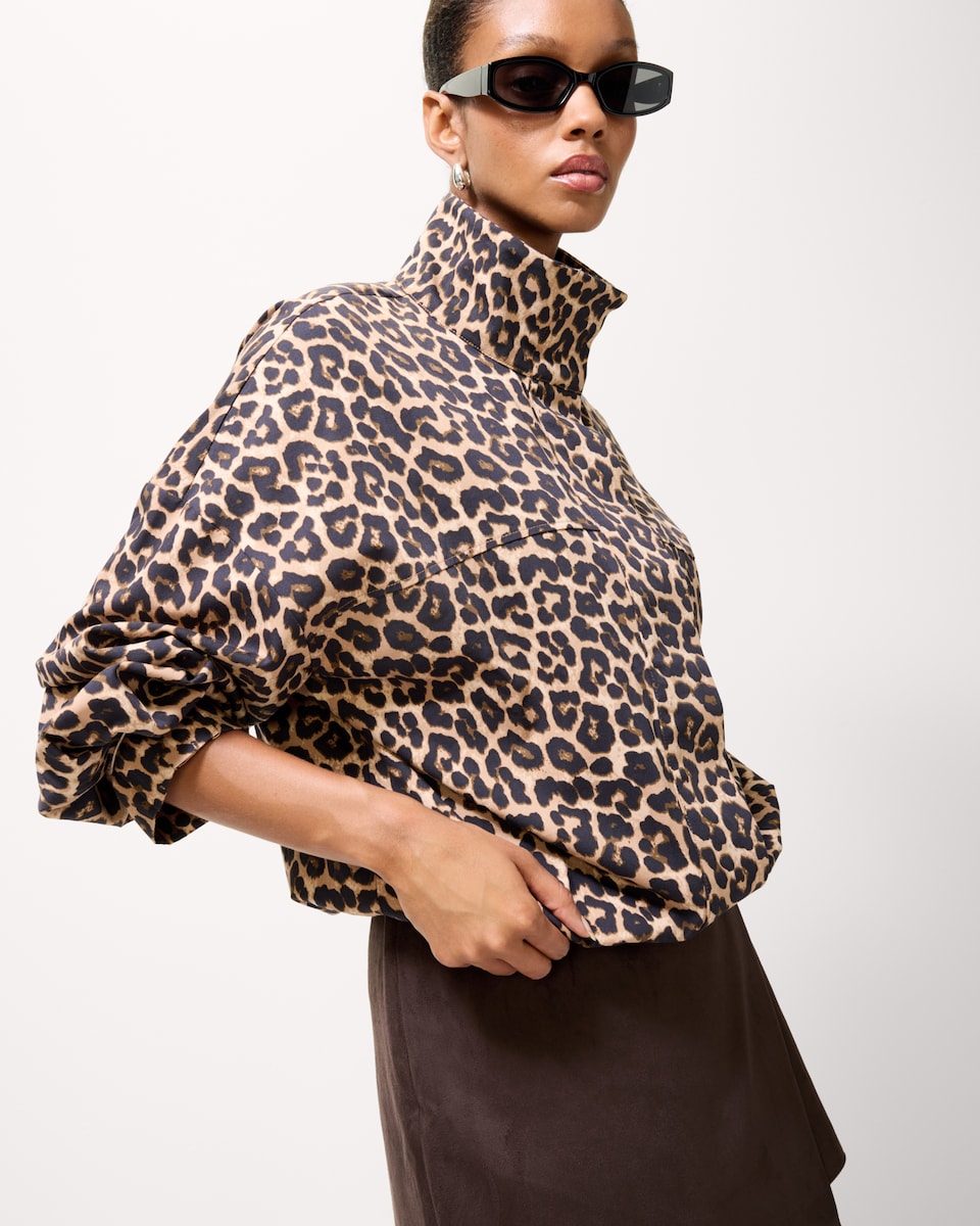 image 1 of F&F Leopard Print Funnel Neck Track Jacket in Multi Brown