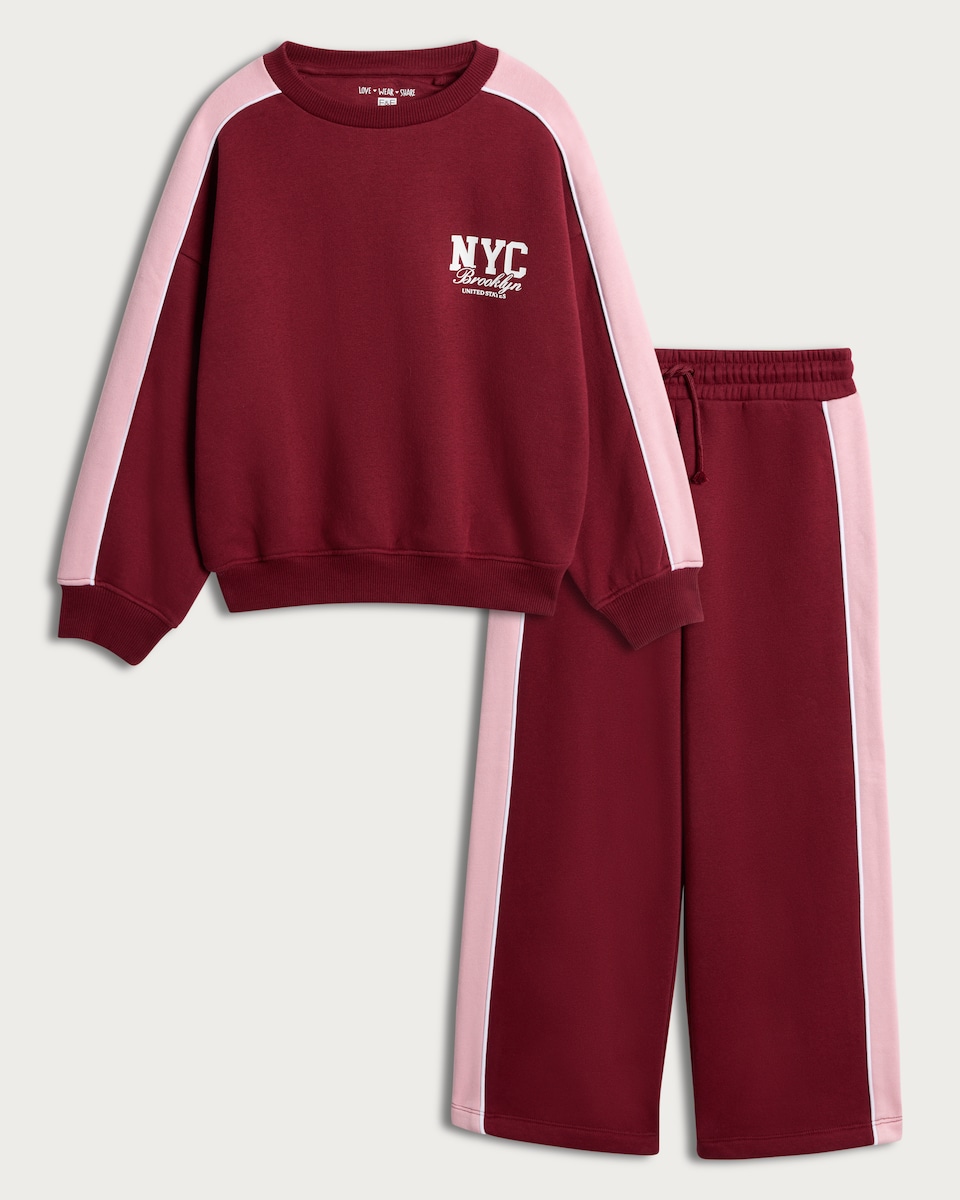 image 1 of F&F Girls NYC Brooklyn Sweatshirt and Joggers Set in Burgundy