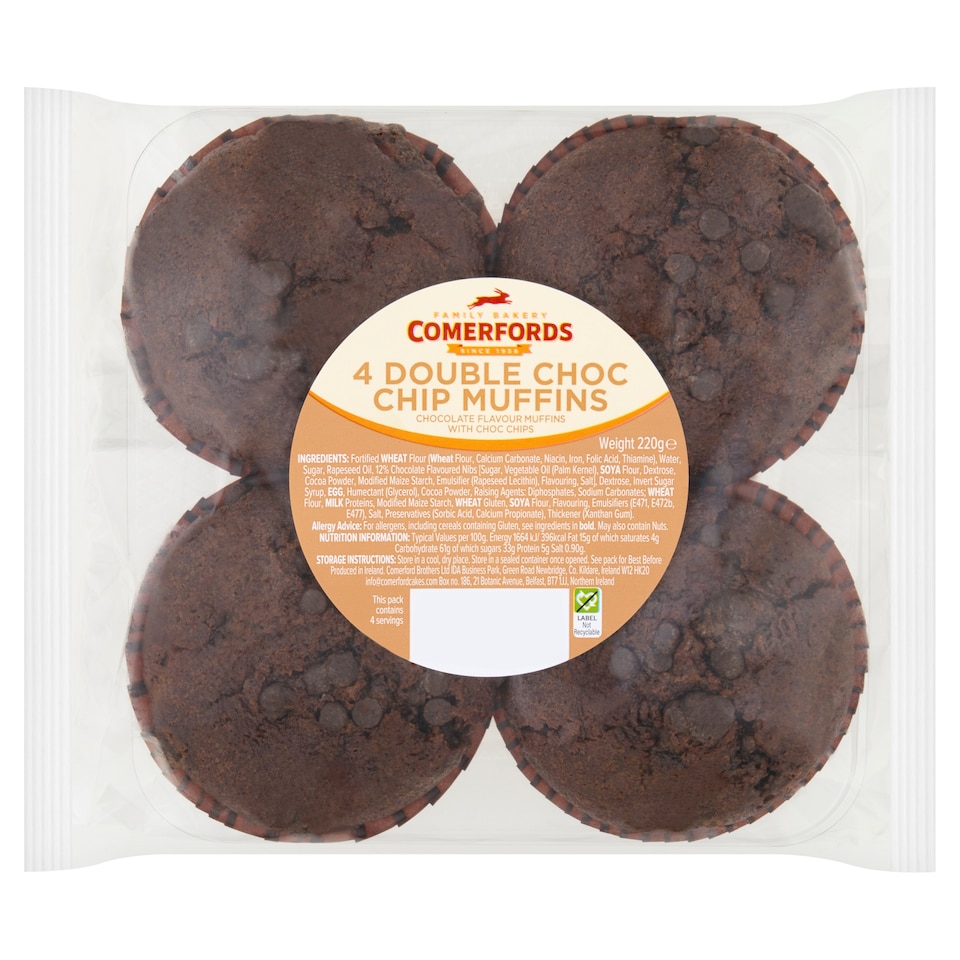 Comerfords 4 Double Choc Chip Muffins 220g