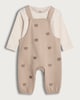 image 1 of F&F Baby 2-Piece Cotton Rich Bear Embroidered Dungaree and Bodysuit Set in Stone