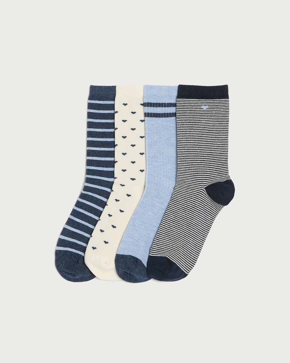 F&F 4-Pack Cotton Blend Stripe and Heart Print Ankle Socks in Multi