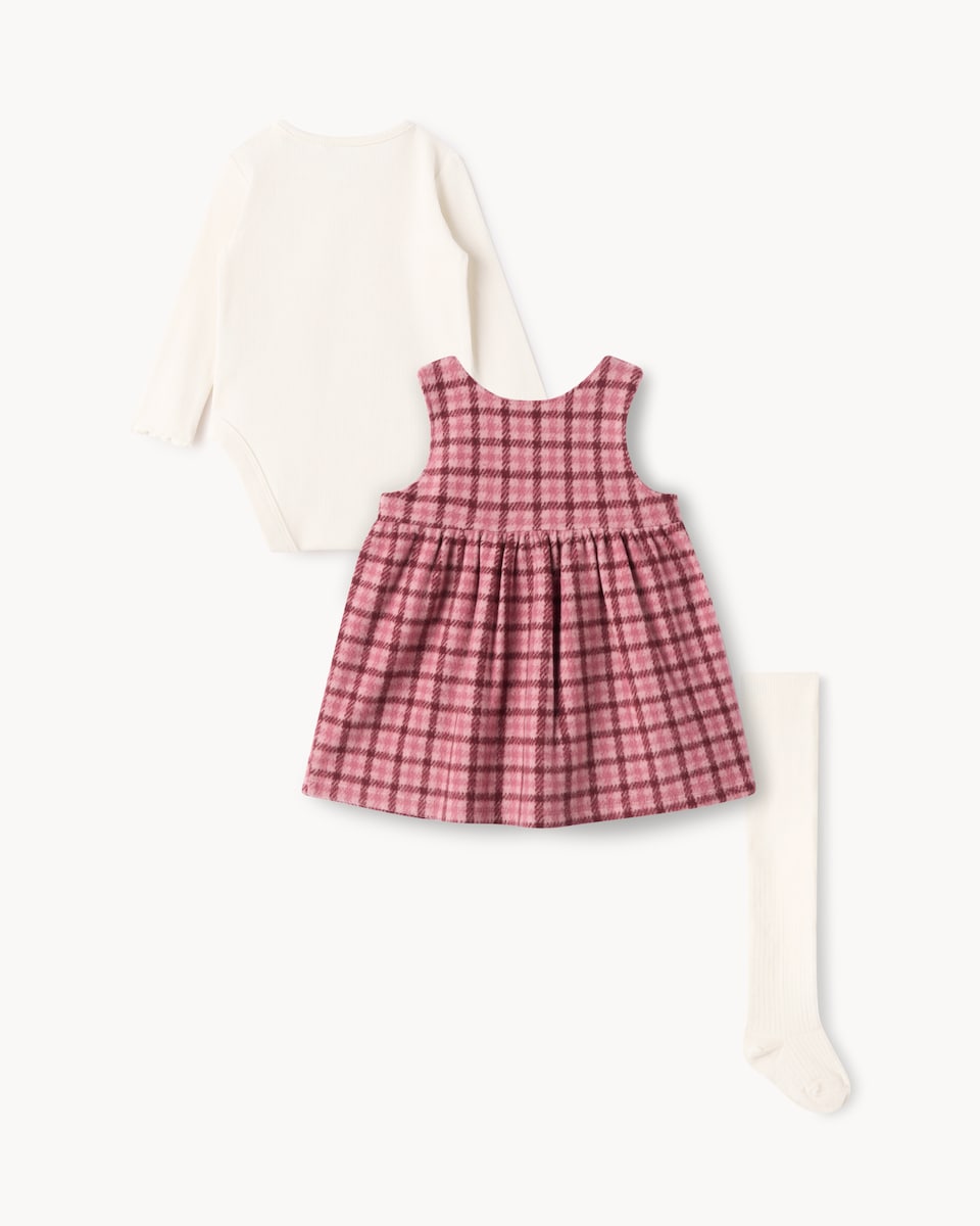 image 1 of F&F Baby Cotton Rich Checked Dress, Bodysuit and Tights Set in Pink