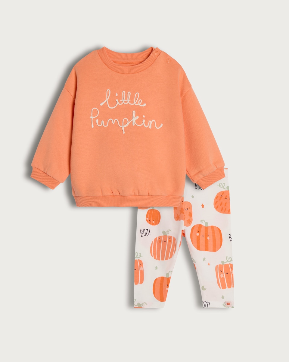 image 1 of F&F Baby 2-Piece Cotton Rich Little Pumpkin Sweatshirt and Legging Set in Orange