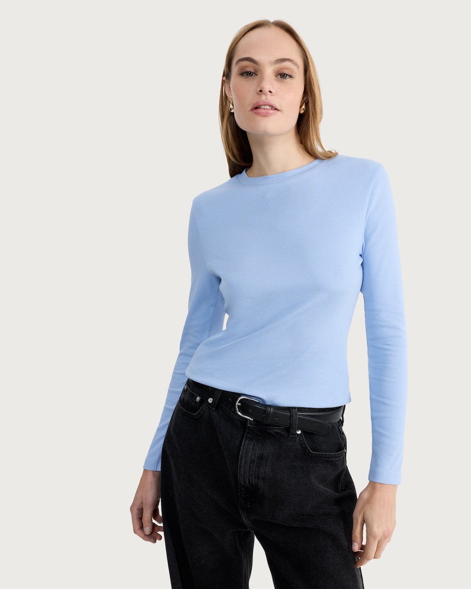 image 1 of F&F Cotton Rich Crew Neck Long Sleeved Top in Blue