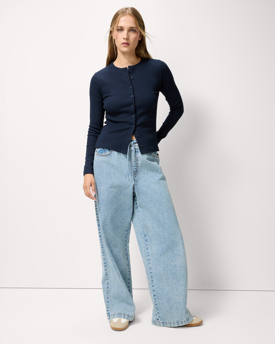 image 1 of F&F Cotton Rich Ribbed Button Up Top in Blue