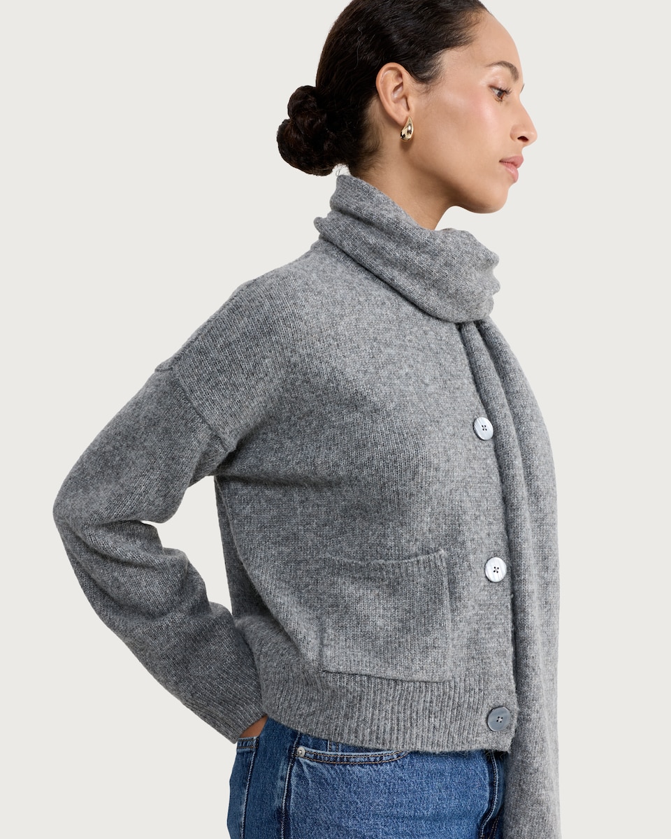image 1 of F&F Knitted Scarf Collar Button Front Cardigan in Grey