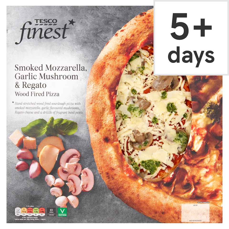 TESCO FINEST SMOKED MOZZARELLA, GARLIC MUSHROOM & REGATO WOOD FIRED PIZZA 504G