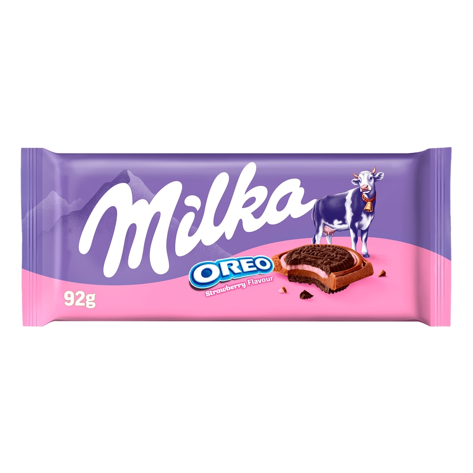 Milka Oreo Alpine Milk Chocolate with Cocoa Biscuits and Strawberry Flavoured Cream Filling 92 g