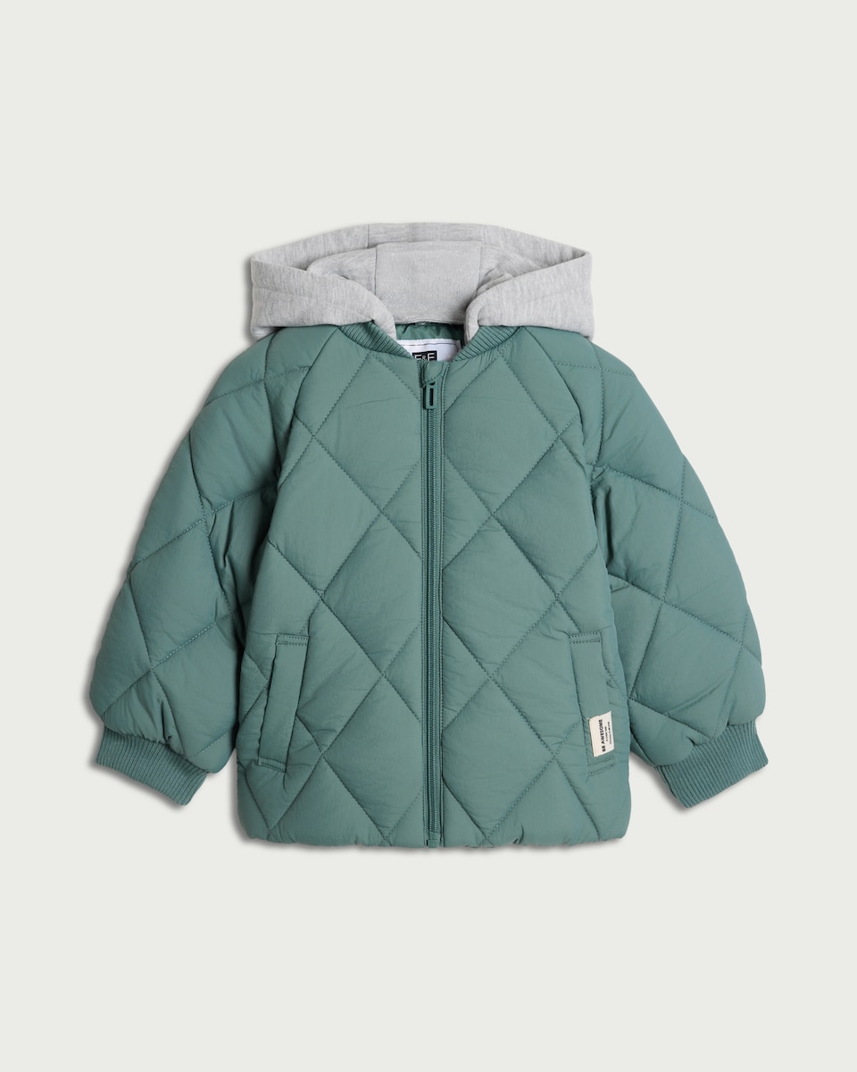 image 1 of F&F Boys Quilted Shower Resistant Hooded Jacket in Teal