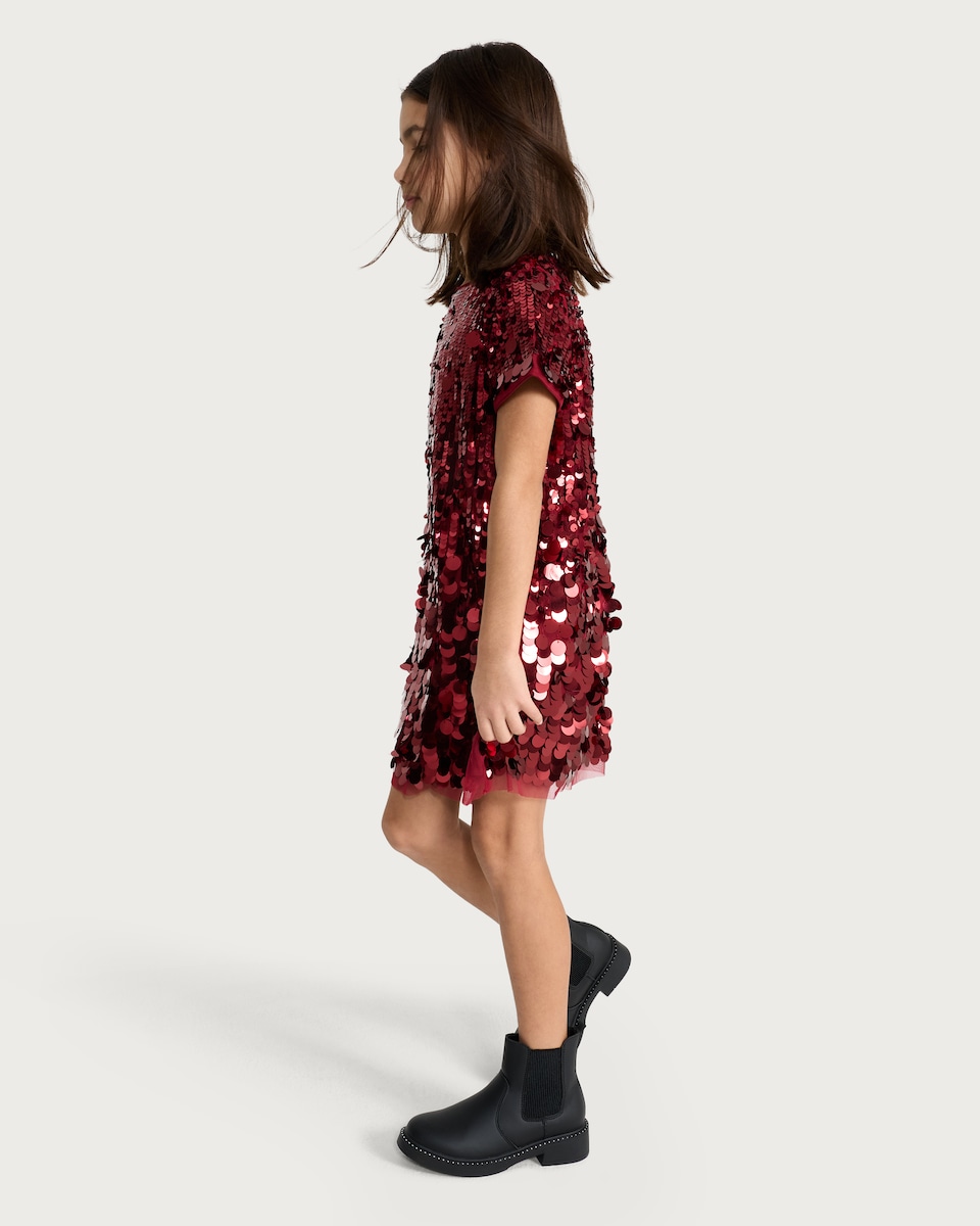 image 1 of F&F Girls Sequin Embellished Short Sleeved Dress in Burgundy