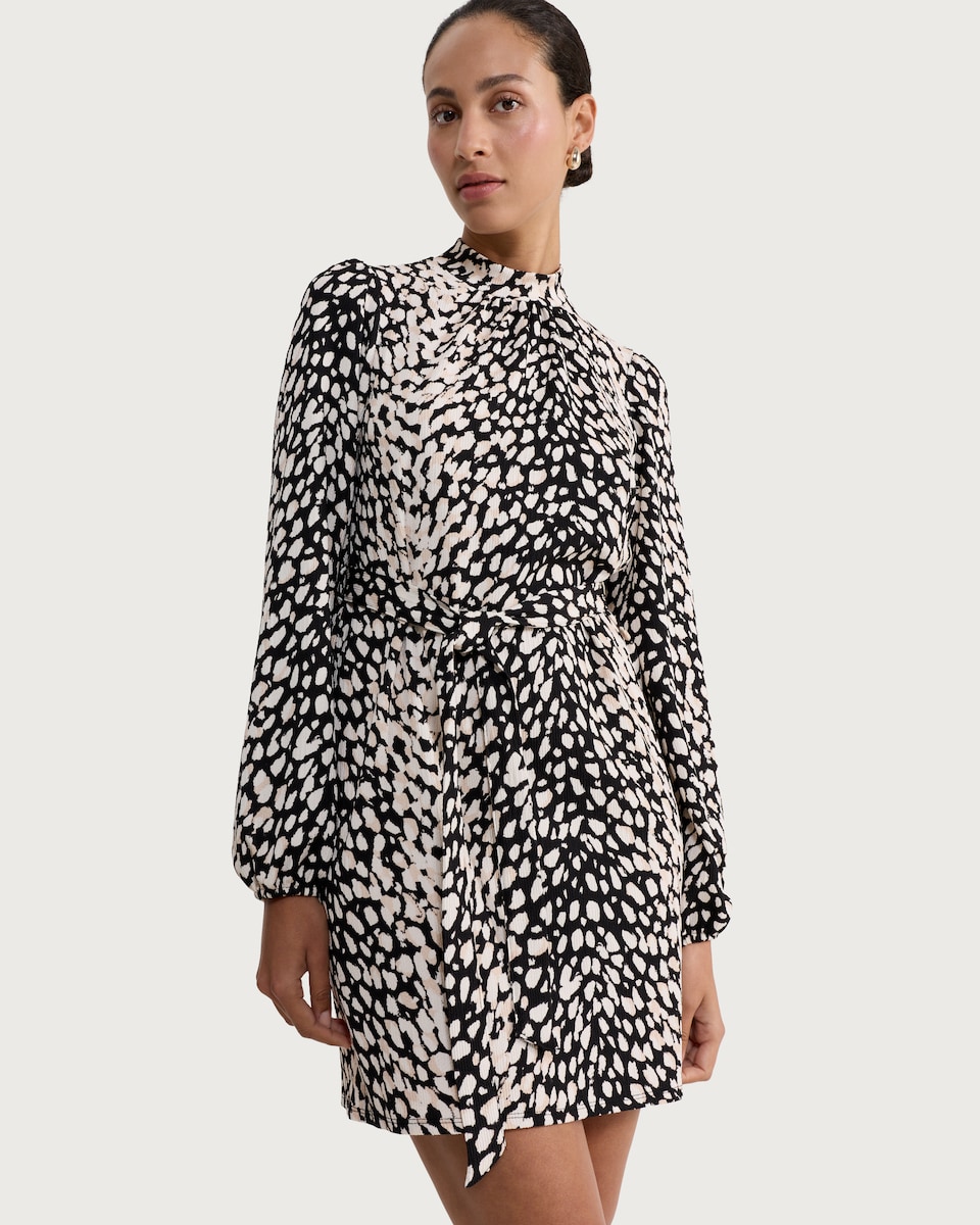 image 1 of F&F Abstract Print Tie Waist Long Sleeved Mini Dress in Multi Black White