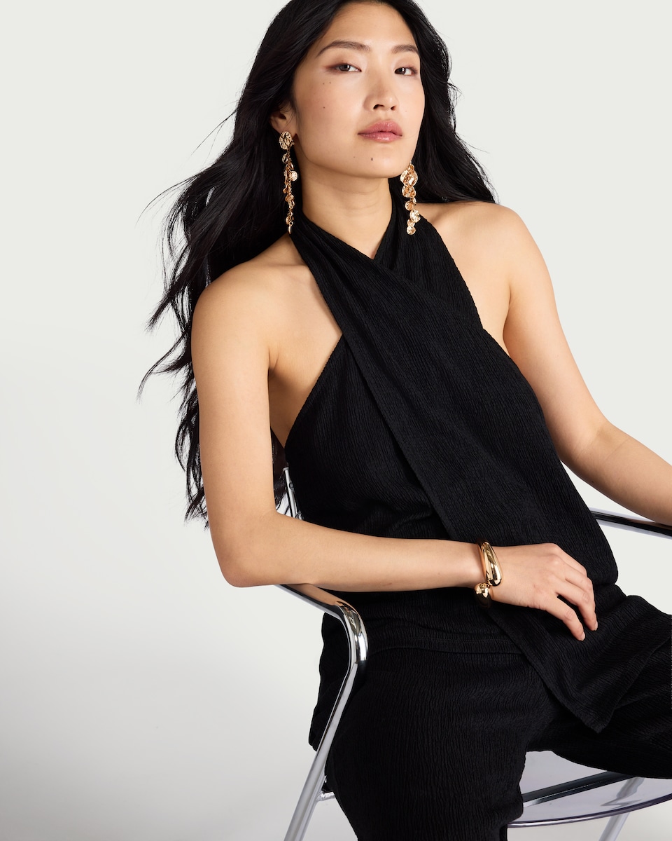 image 1 of F&F Crinkle Textured Co-ord Halterneck Top in Black