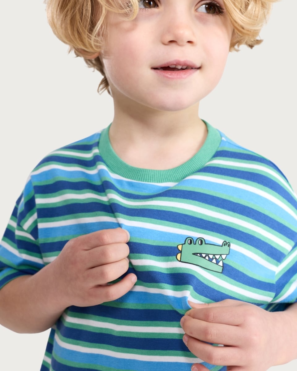image 1 of F&F Boys Pure Cotton Striped Crocodile T-Shirt in Green