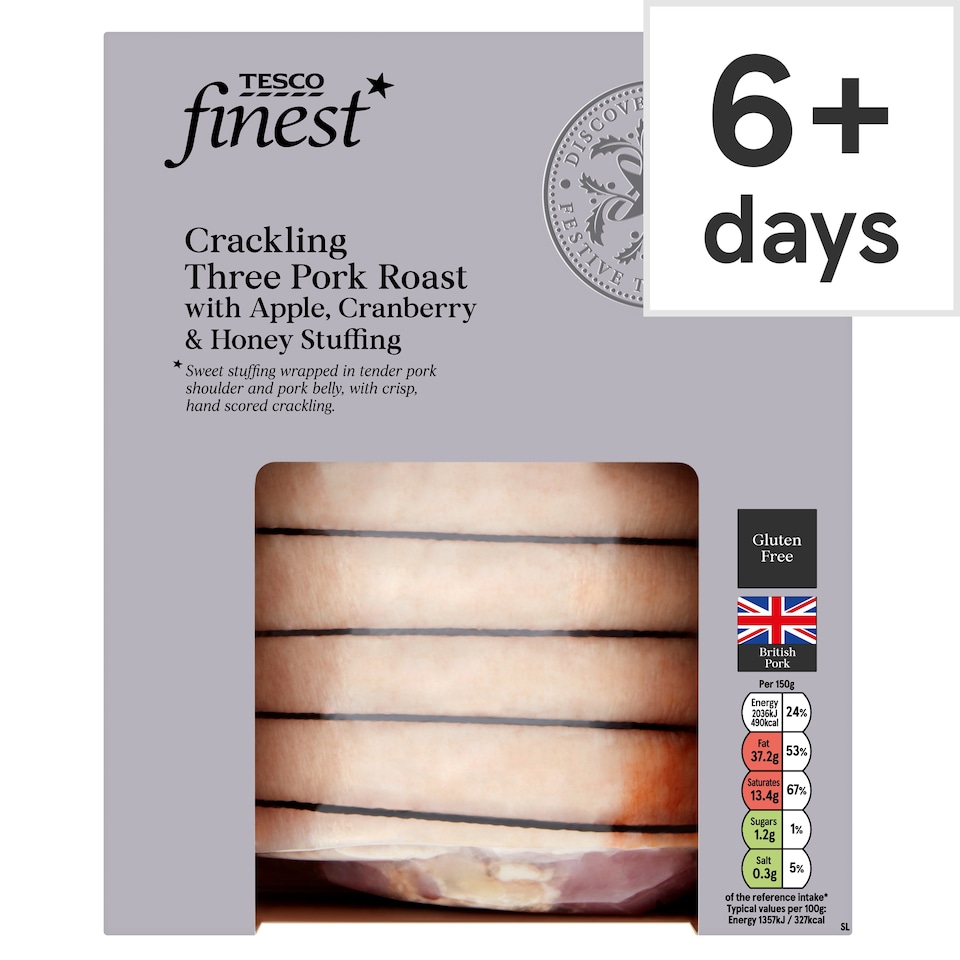 Tesco Finest Crackling Pork Roast with Apple, Cranberry & Honey Stuffing 1.5kg - 1.8kg Serves 6