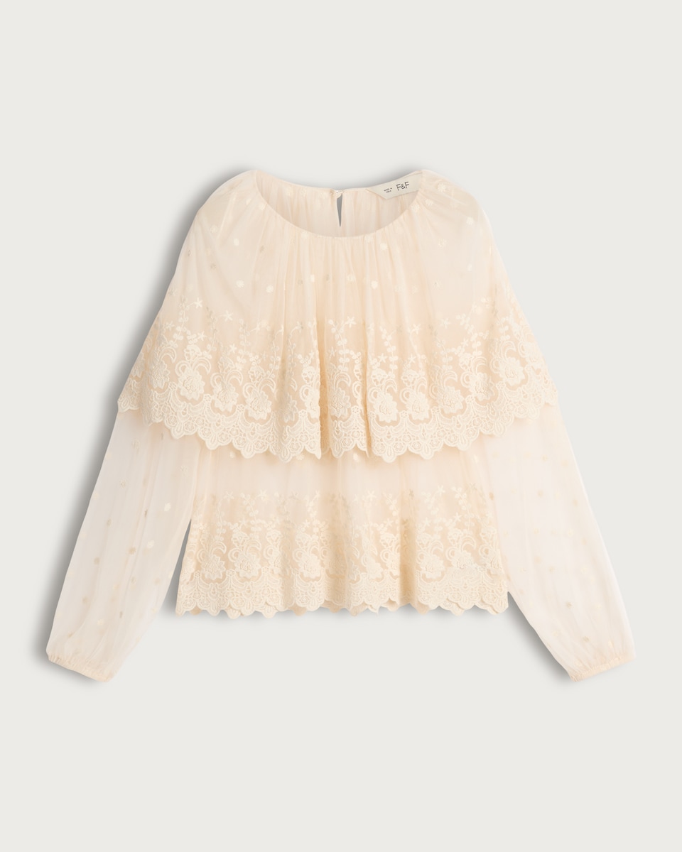 F&F Embroidered Sheer Long Sleeved Blouse in Ivory