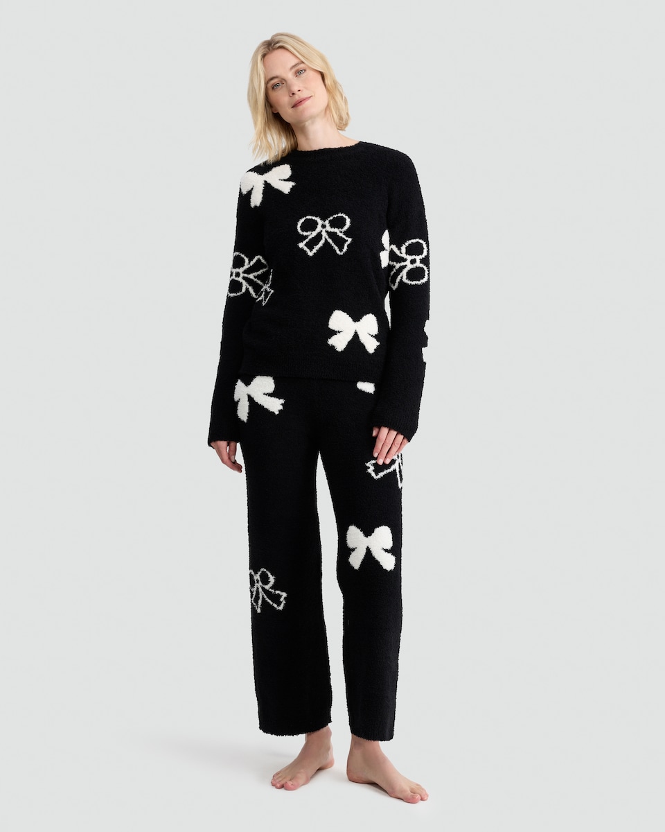 image 1 of F&F Textured Bow Print Sweatshirt and Trousers Pyjamas in Black