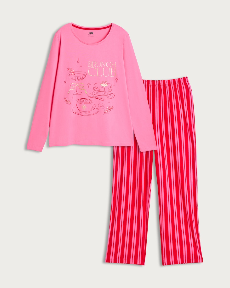 image 1 of F&F Pure Cotton Brunch Club Top and Wide Leg Bottoms Pyjamas in Pink