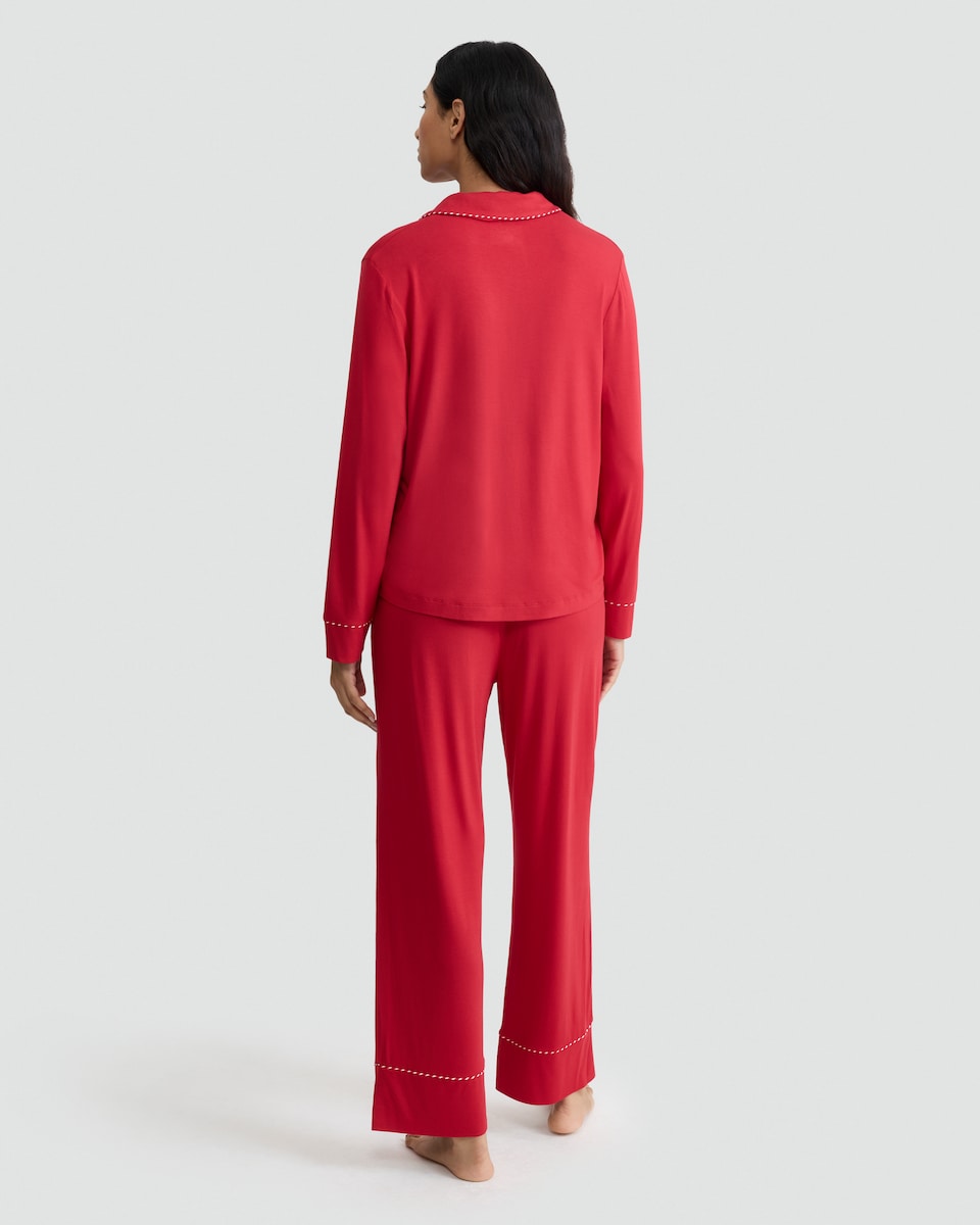 image 1 of F&F Piped Candy Cane Revere Shirt and Wide Leg Bottoms Pyjama Set in Red
