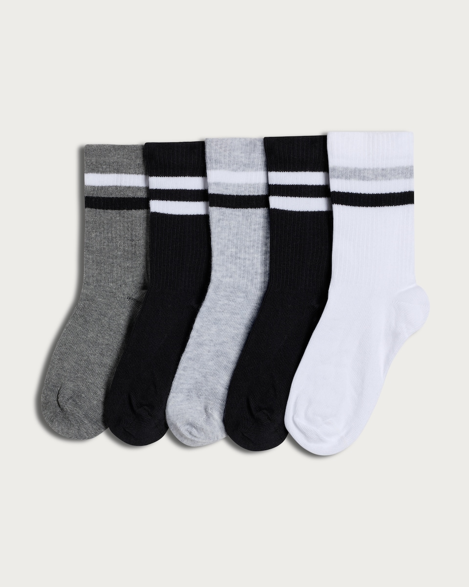 F&F Boys 5-Pack Cotton Blend Striped Sports Socks in Black