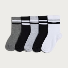 F&F Boys 5-Pack Cotton Blend Striped Sports Socks in Black