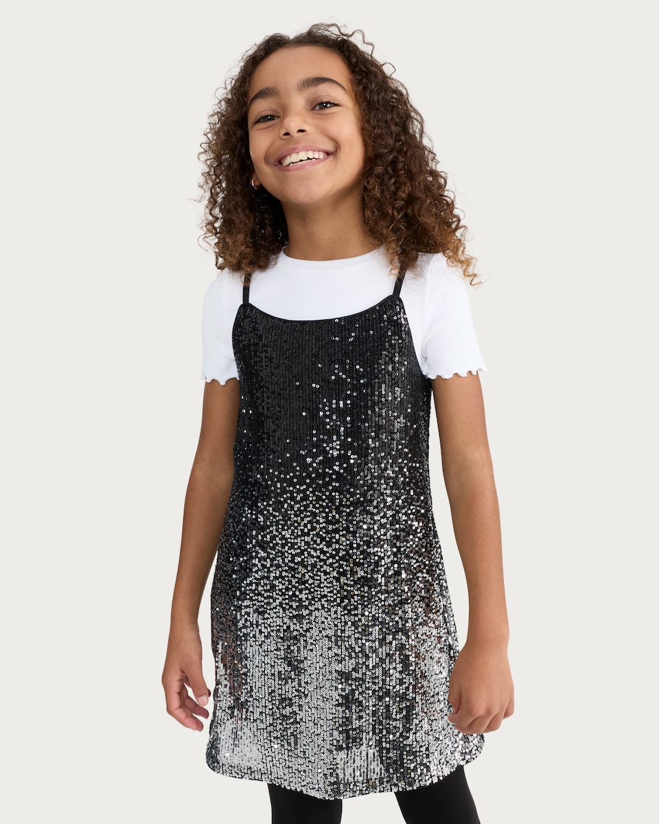image 1 of F&F Girls Sequin Dress and Cotton Rich T-Shirt Set in Silver