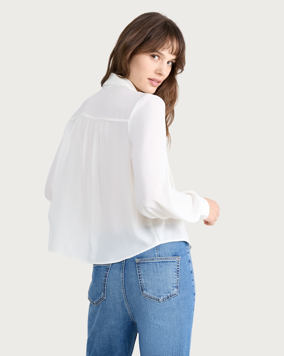 image 1 of F&F Crepe Tie Neck Pleated Blouse in Cream