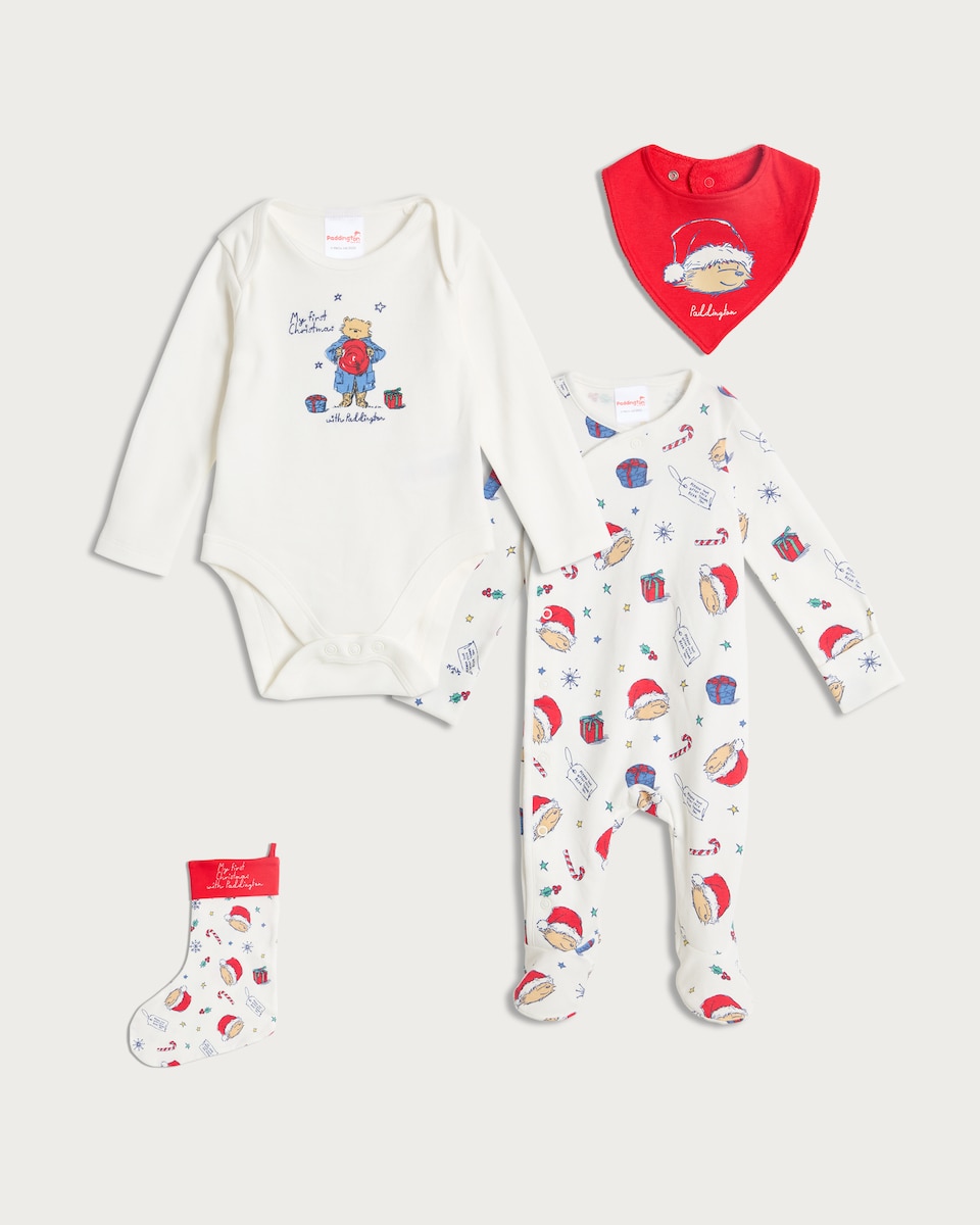 image 1 of Paddington 4-Piece My First Christmas Pure Cotton Bodysuit, Sleepsuit, Bib and Stocking Set in White