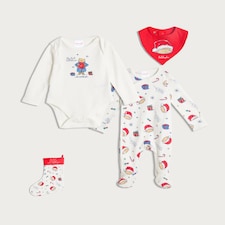 Paddington 4-Piece My First Christmas Pure Cotton Bodysuit, Sleepsuit, Bib and Stocking Set in White
