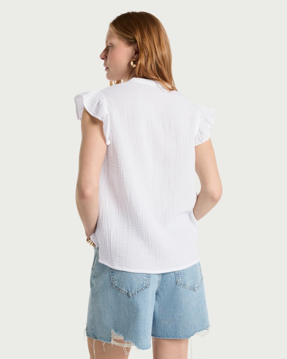 image 1 of F&F Pure Cotton Double Cloth Ruffle Sleeved Blouse in White