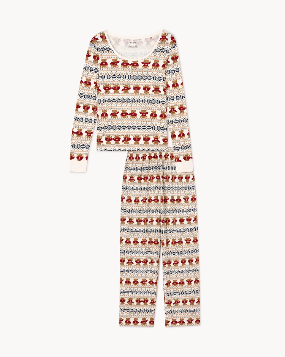 image 1 of Christmas Cotton Rich Bear Fair Isle Matching Family Pyjama Set in Cream