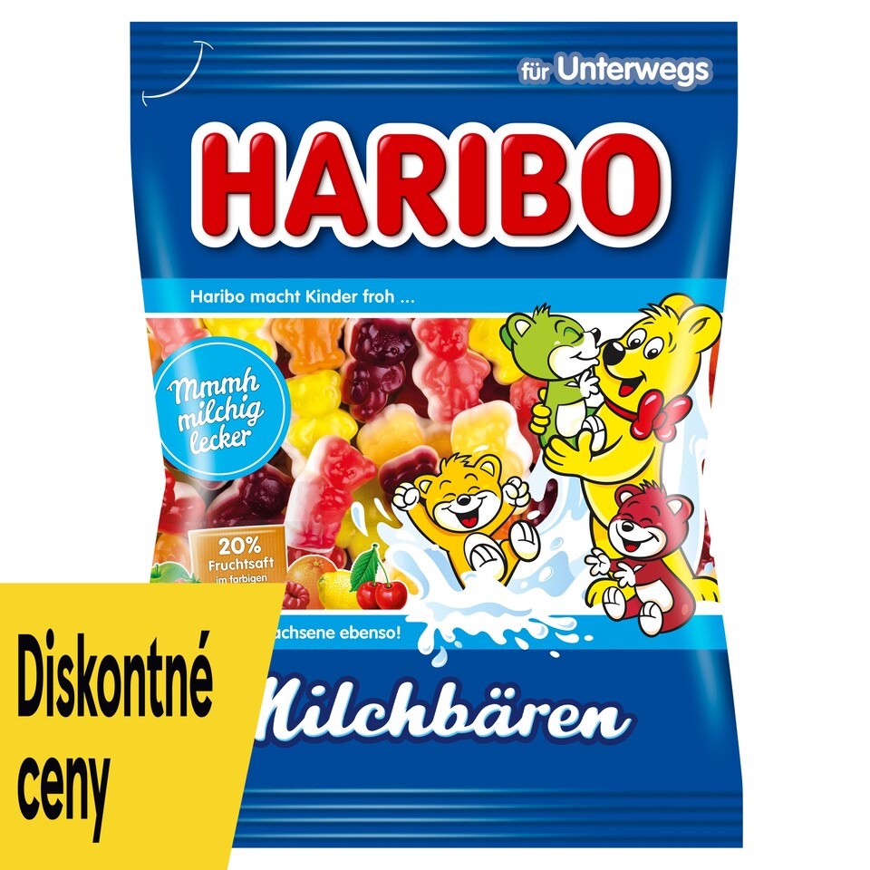 Haribo Milchbären želé medvedíky s odstredeným sušeným mliekom a ovocnou šťavou z koncentrátov 85 g
