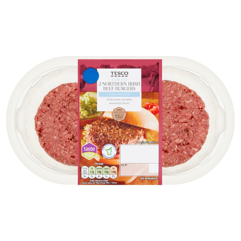 Tesco 2 Low Fat Northern Irish Beef Burgers 227g